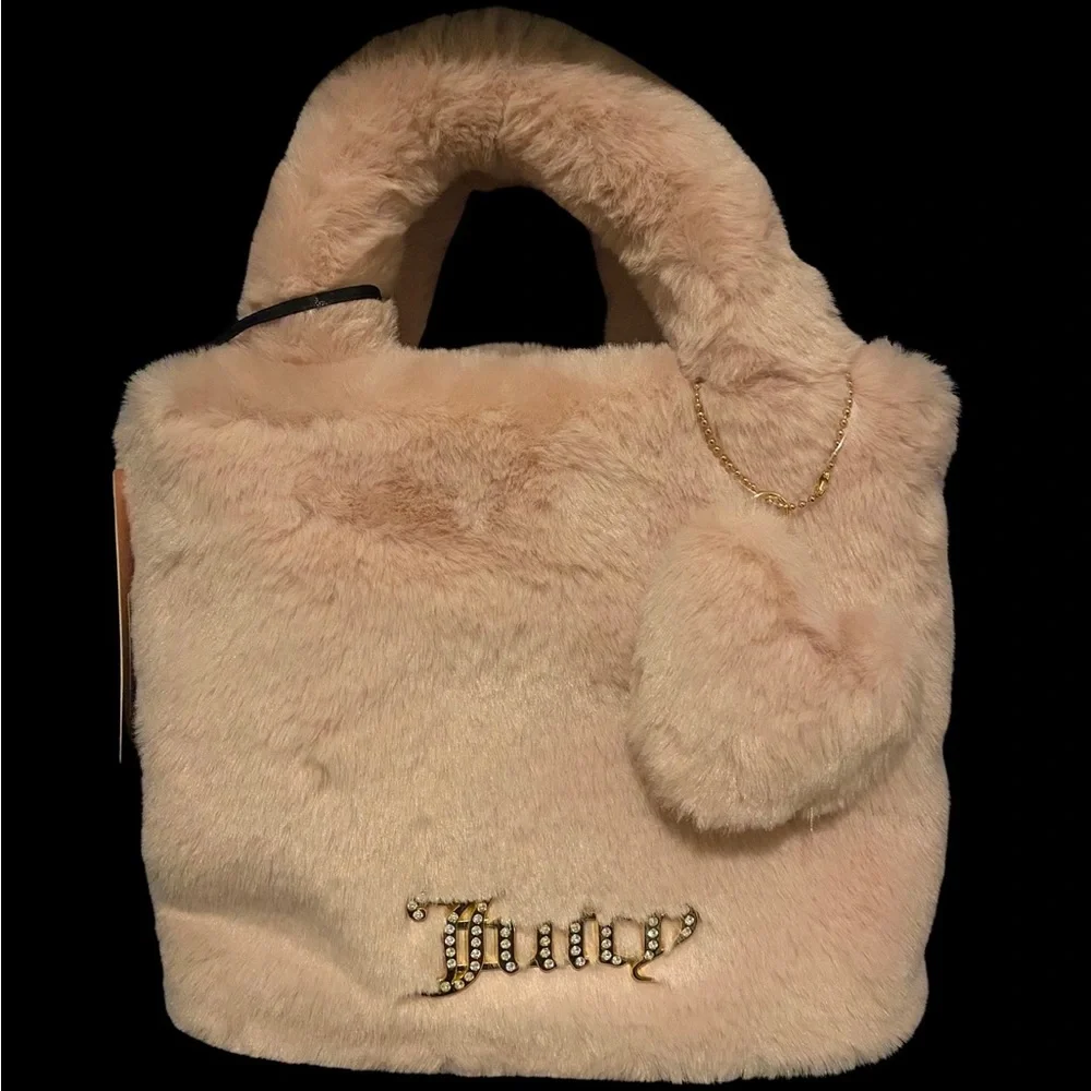 Juicy Couture Fluffy Faux Fur Light Pink Mini Tote Bag NWT VIRAL RARE free love - Picture 4 of 6